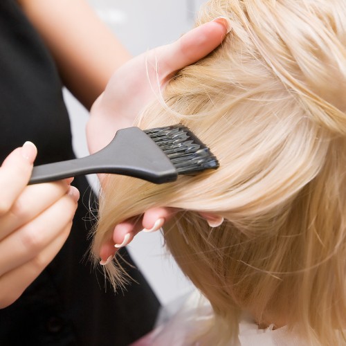 Stylist applying hair color to blonde hair with a brush.