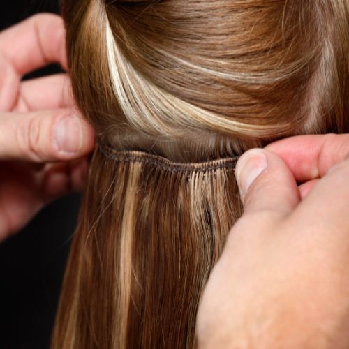 Stylist applying hair color to blonde hair with a brush.
